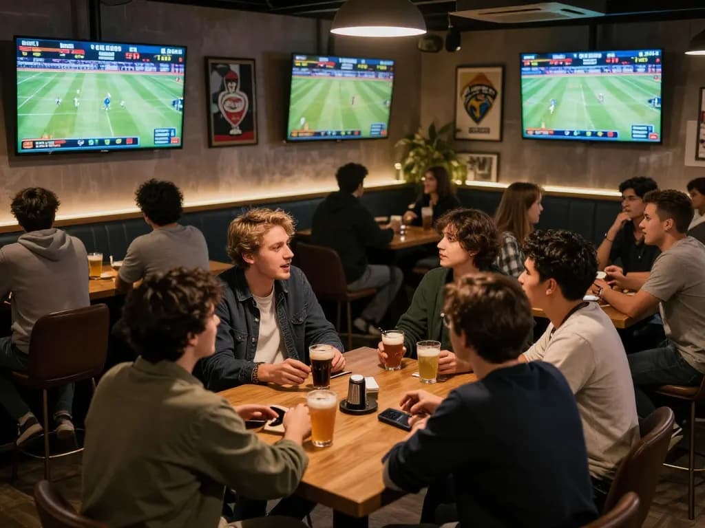 Engaged friends celebrating bets at LC88's dynamic sports lounge during live matches.