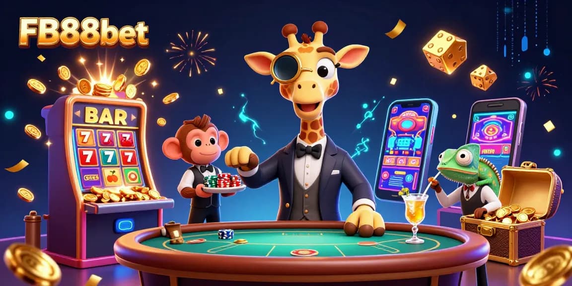 Experience the thrill of FB88bet with a vibrant illustration depicting a giraffe, monkey, and chameleon at a casino.