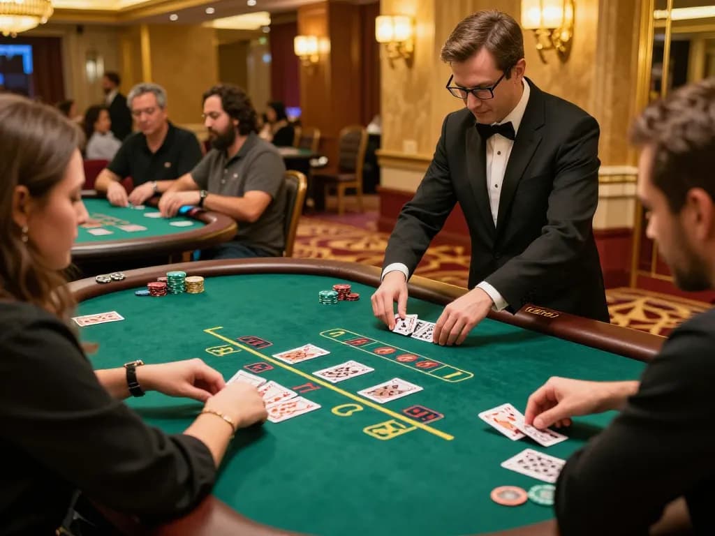 Engage in the excitement of rokok88 slot gameplay with players at a blackjack table and a focused dealer