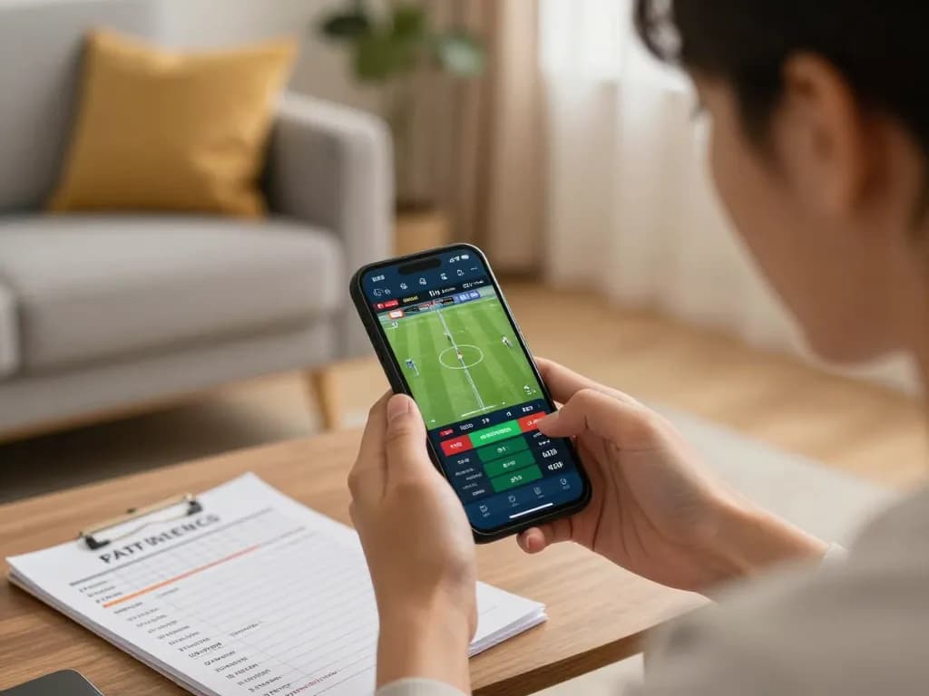 1gom user placing bets on football matches in a cozy home setting
