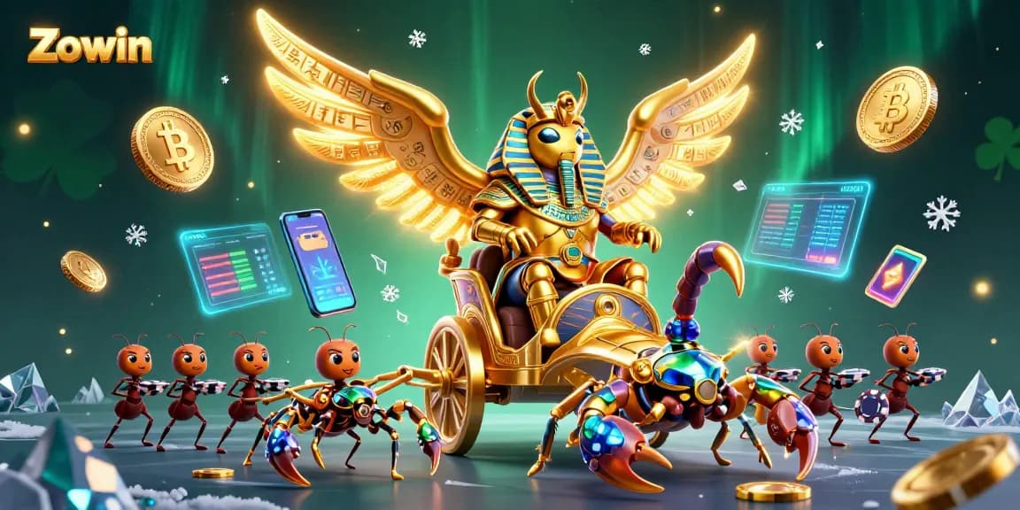 Zowin enhances your gaming experience with a dynamic 3D illustration of a golden scarab and vibrant casino elements