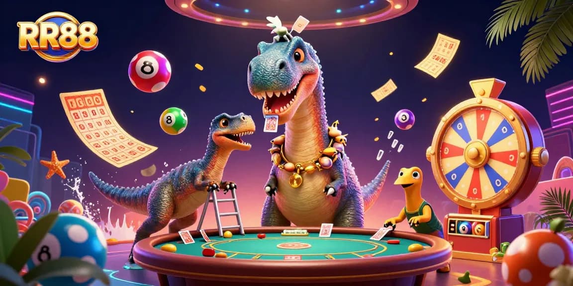 Experience the thrill of RR88 casino with vibrant lottery balls, lucky symbols, and a dynamic gaming atmosphere.