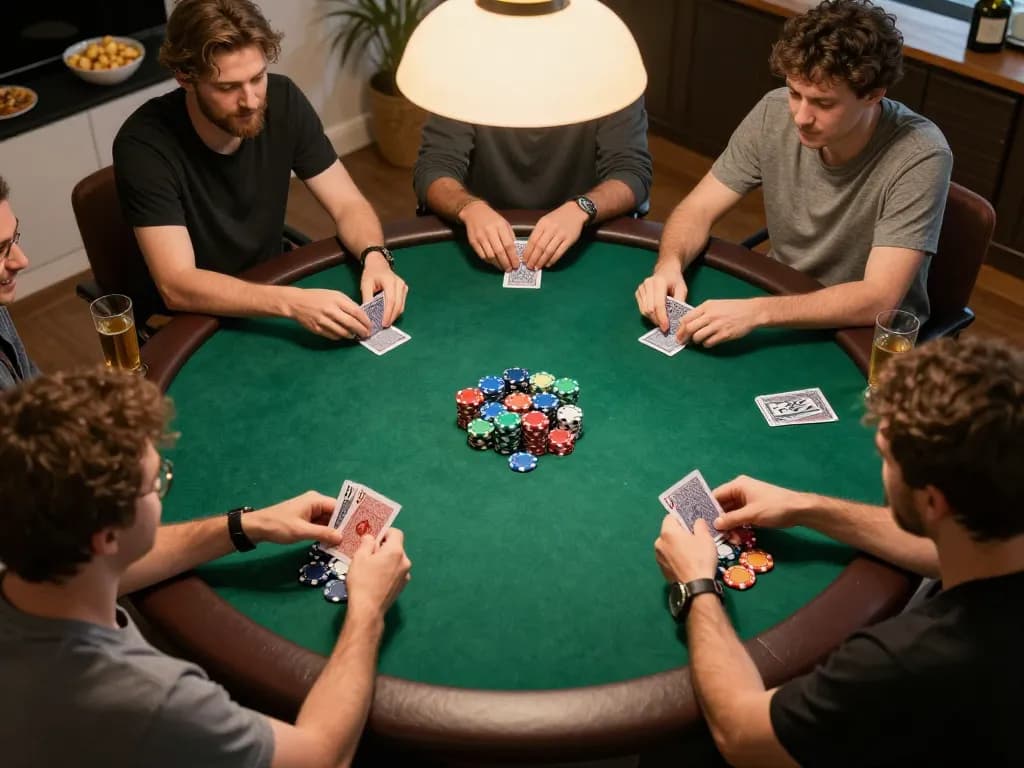23Win players strategizing during an exciting home poker game, colorful chips and warm lights creating an engaging atmosphere.