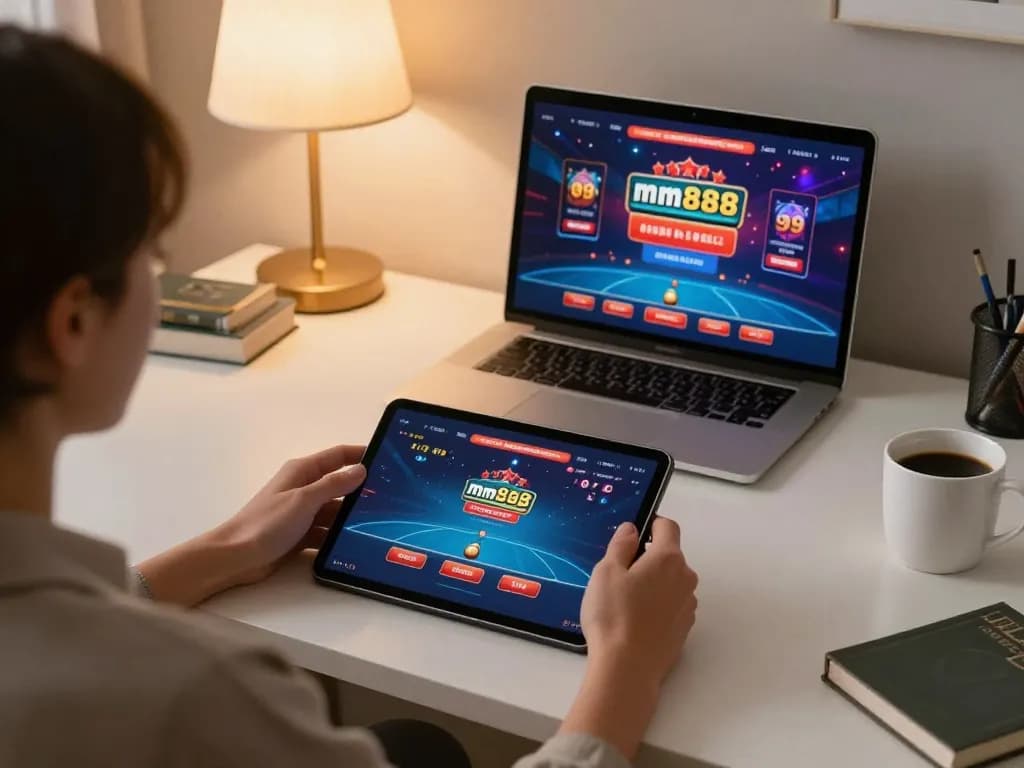 Enjoying online poker experience on mm888 with engaging interface in cozy setting