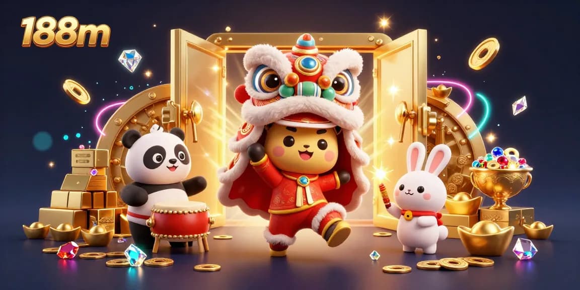 Engage in thrilling gaming experiences at 188m with a vibrant casino scene featuring dynamic characters and dazzling decorations.