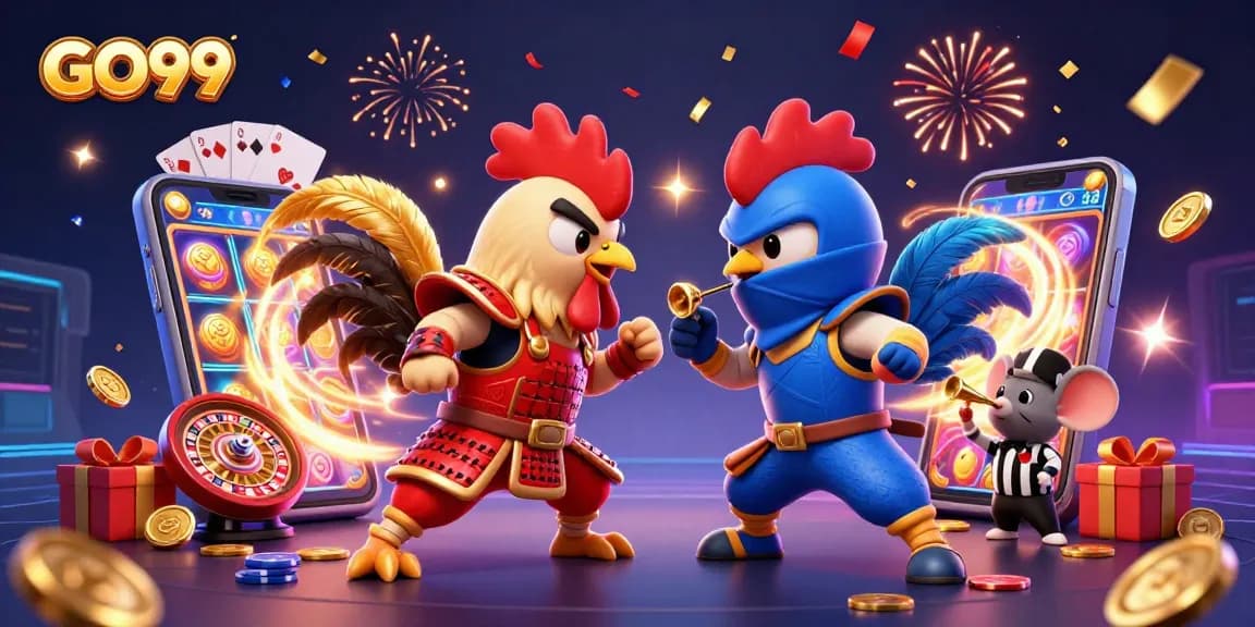Battle of GO99: Twin roosters clash amidst vibrant casino elements in an electrifying showdown.