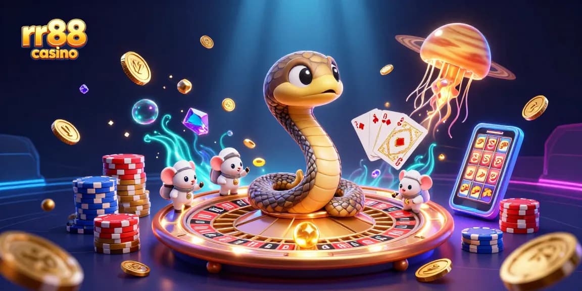 Experience rr88 casino excitement with cosmic dealer and astronaut mice in vibrant 3D action.