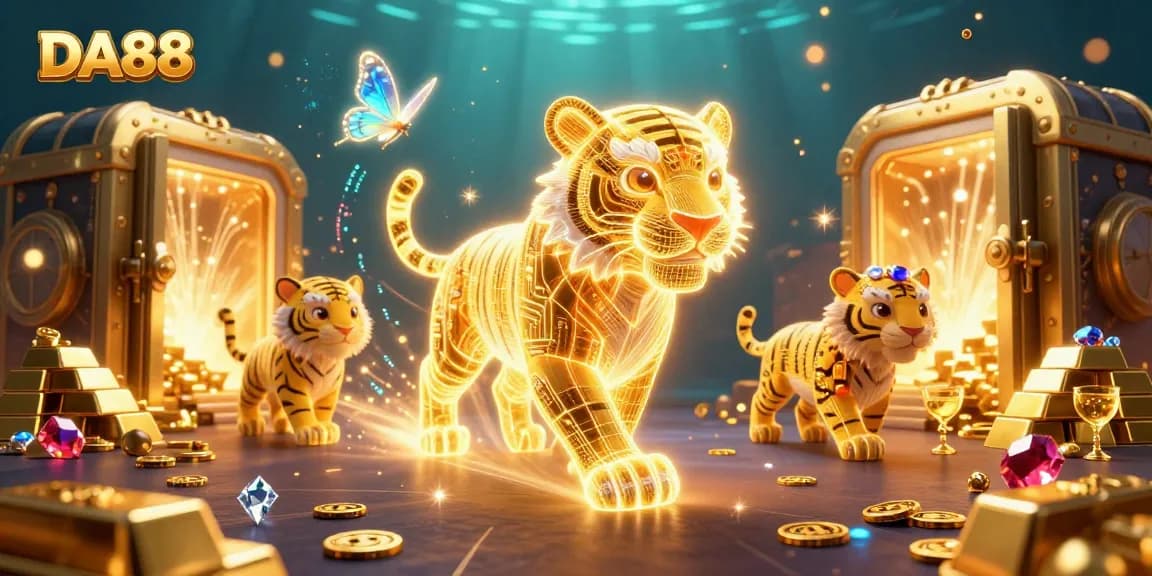 Experience DA88's vibrant casino world with a neon tiger amidst gold and jewels.