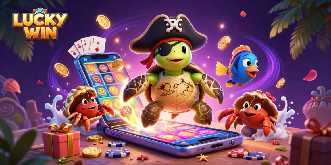 Experience the wealth of LUCKYWIN with a playful turtle and colorful casino elements.
