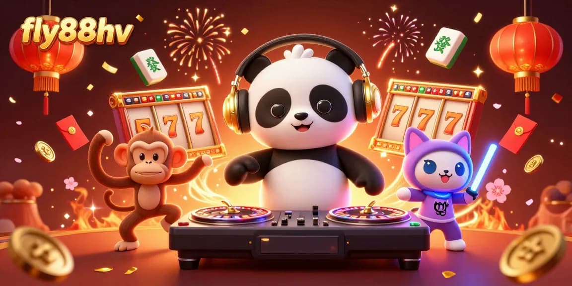 Experience the excitement of fly88hv with a vibrant 3D casino scene illustrating a DJ panda and friends celebrating games and wins.
