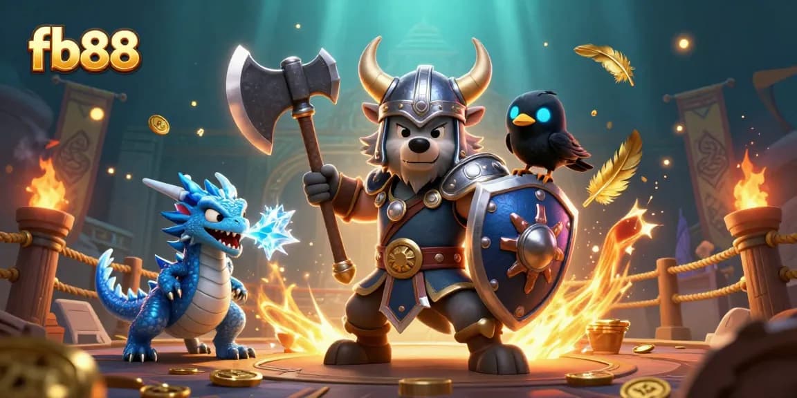 Experience thrilling action at fb88 with a Viking warrior, fierce dragon, and raven in an epic casino battle.