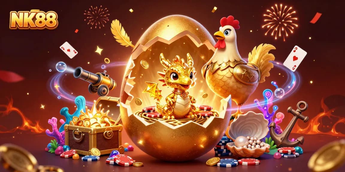 Experience thrilling wins at NK88 with a golden baby dragon and poker chips immersed in a vibrant casino scene.