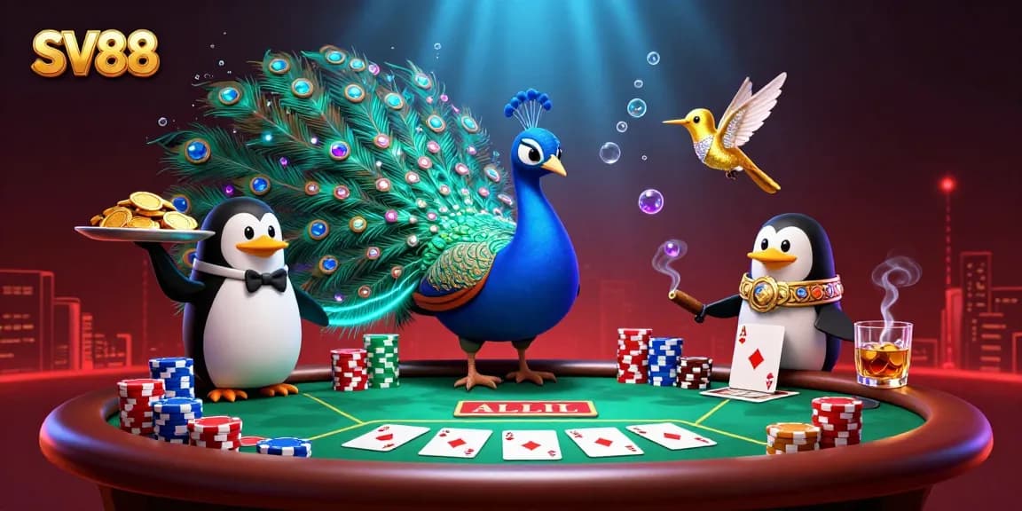 Experience exciting SV88 gaming with a peacock and penguin at a vibrant poker table