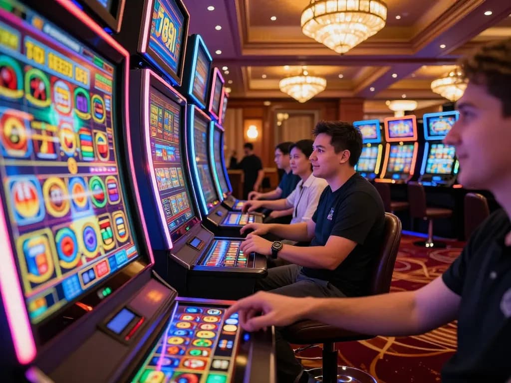 Engaging gameplay at 789win with players excitedly using slot machines.
