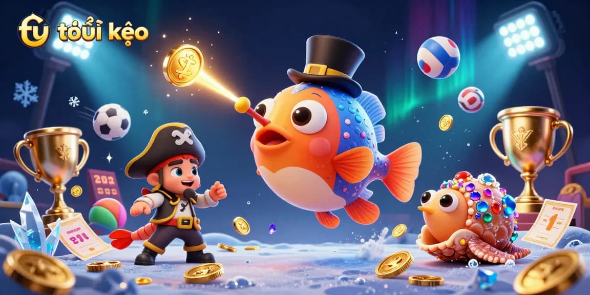 Engage with tỷ lệ kèo in an exciting scene featuring an anglerfish, pirate shrimp, and gemstone snail amidst vibrant sports elements.