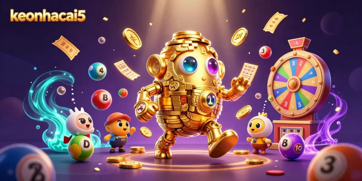 Engaging illustration showcasing keonhacai5's vibrant casino elements combined with a golden golem character.