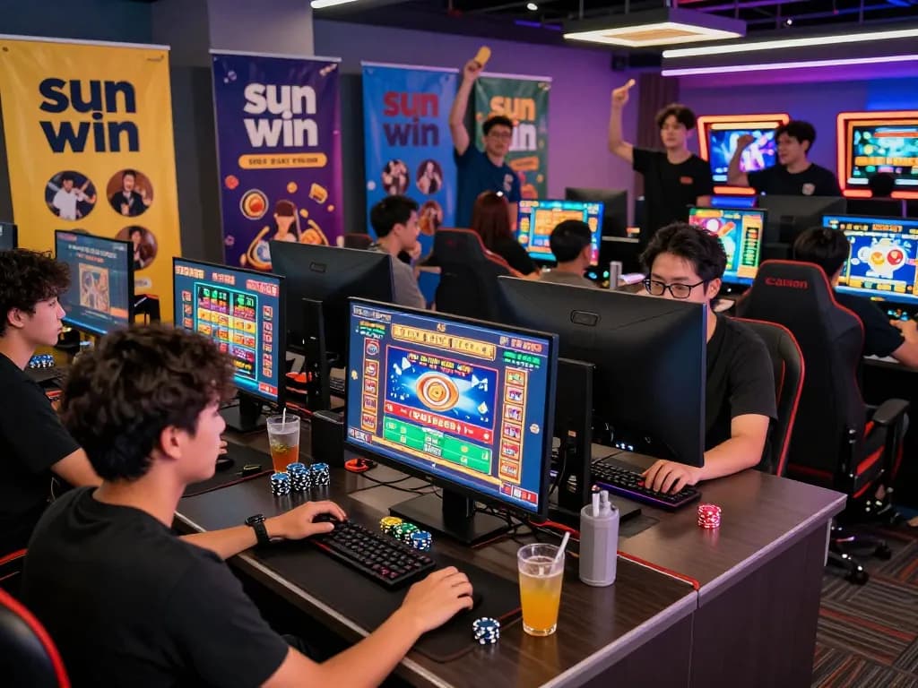 Exciting moment at a gaming lounge showcasing sun win promotions, with players enjoying vibrant casino games.