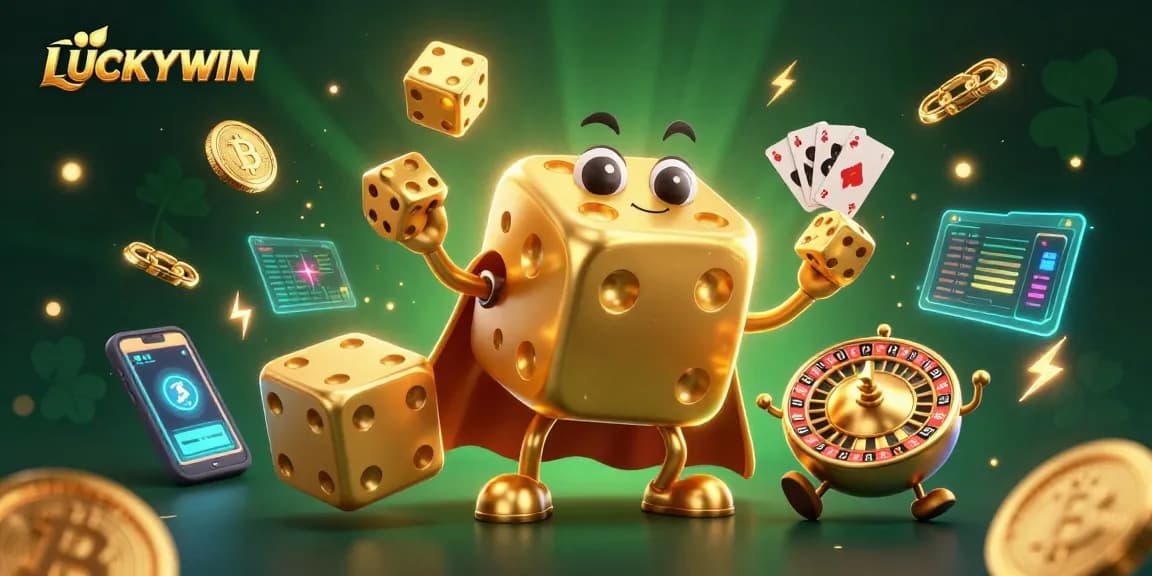 Win at LUCKYWIN Casino with vibrant golden dice and thrilling game elements for an exciting experience.