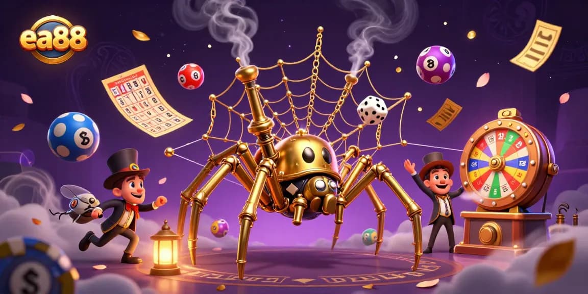 This vibrant casino scene showcases ea88 with a steampunk spider, golden chains, and lively lottery elements.