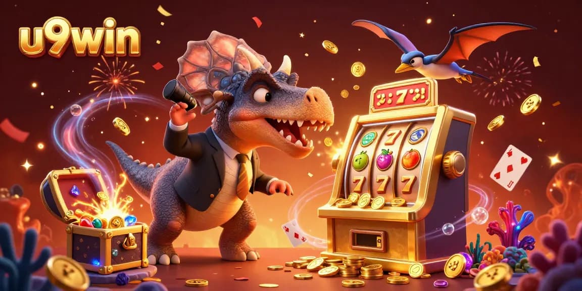 Experience the thrill of u9win as a pachycephalosaurus hits a slot machine for a jackpot in a vibrant casino scene.