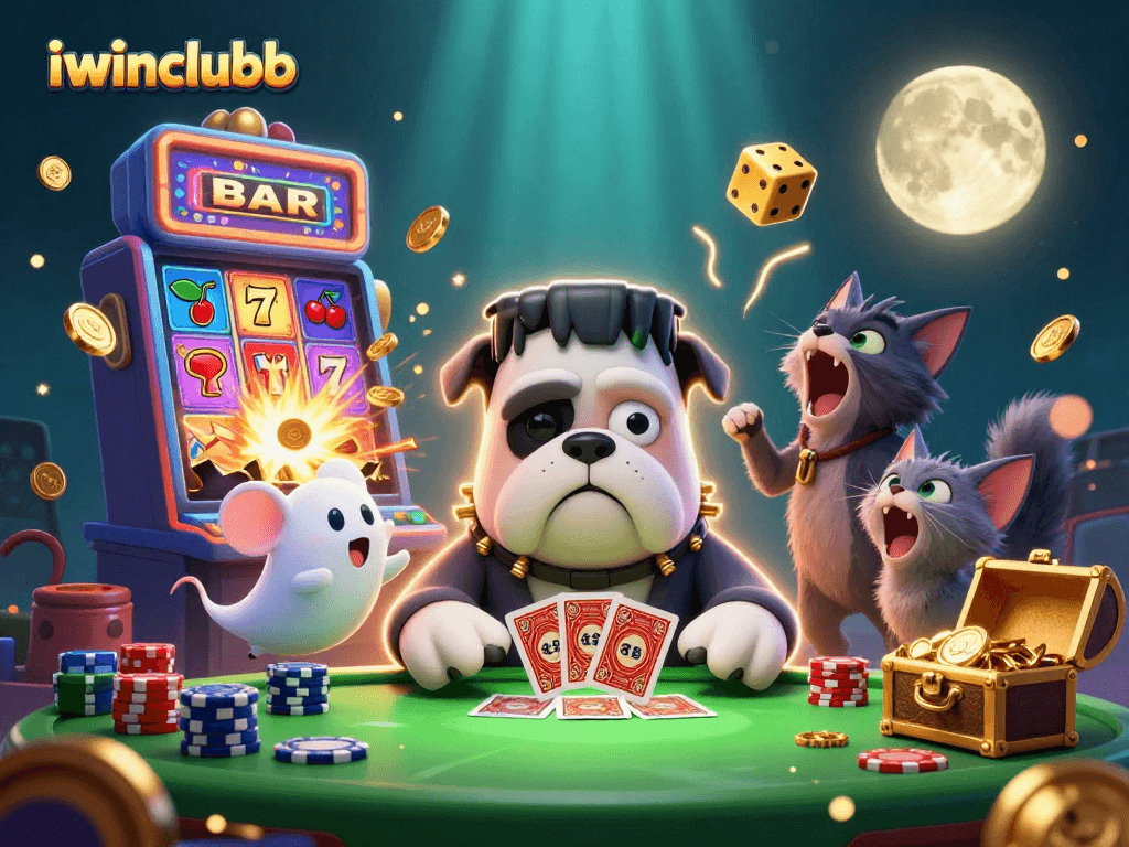 Join the iwinclubb action as a Frankenstein bulldog deals cards amidst a jackpot explosion.