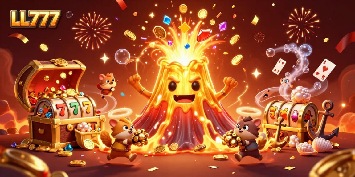 Experience thrilling wins at LL777 with vibrant slot reels and treasure-chasing characters in a lively gaming scene.