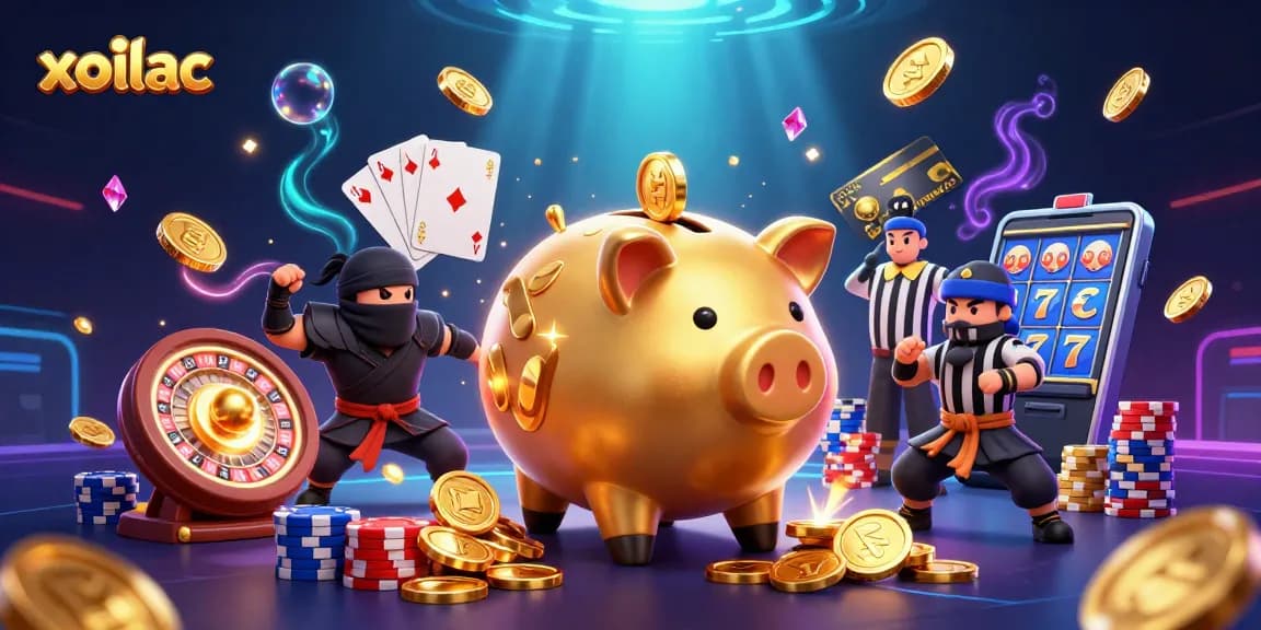 Engage with xoilac's lively scene featuring a golden piggy bank sumo wrestler, wallet ninja, and colorful casino elements.