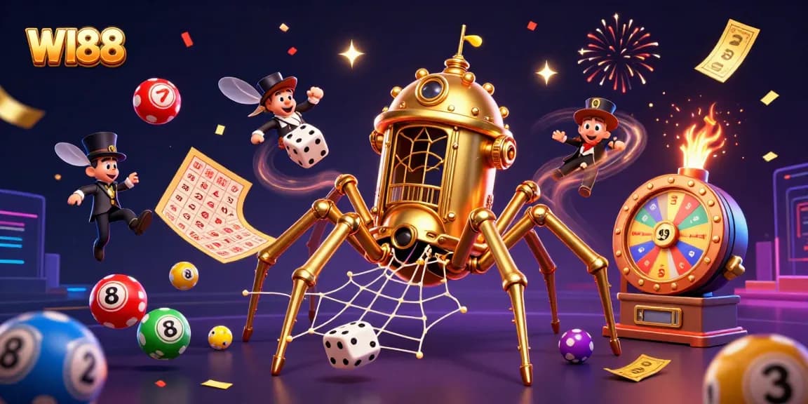 Experience winning excitement at WI88 with a vibrant 3D casino illustration encompassing thrilling lottery and gaming elements.