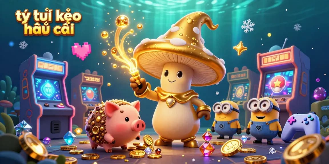 Experience the excitement of tỷ lệ kèo nhà cái through a magical 3D illustration featuring a golden mushroom wizard and gaming elements.