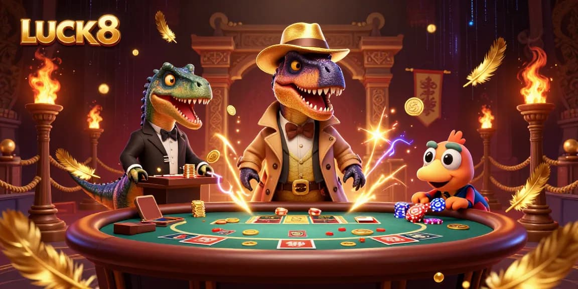 LUCK8 offers exciting blackjack action with animated characters in a vibrant casino scene.