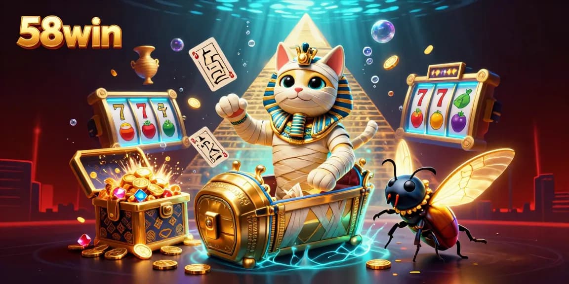 Play slots and win big with 58win, featuring a vibrant casino scene with cartoon characters and treasure.