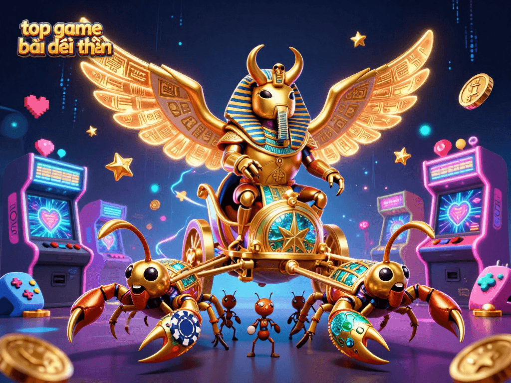 Engage with the top game bài đổi thưởng featuring a colossal golden scarab beetle in an enchanting casino scene.
