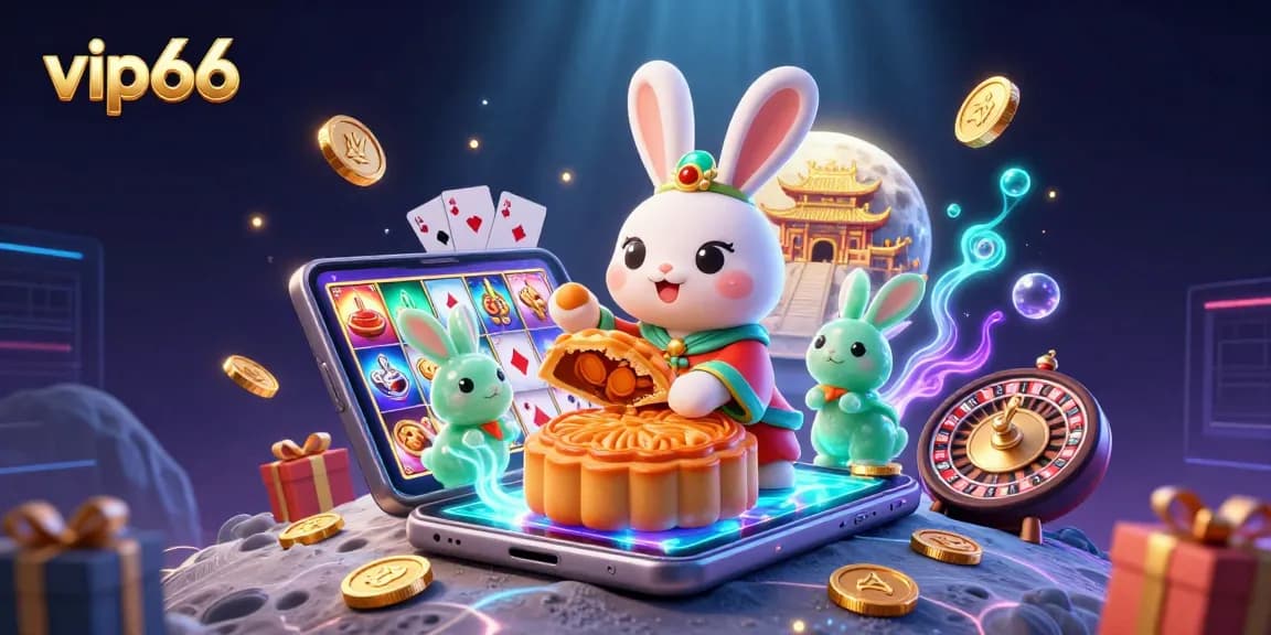 Engage with vip66's vibrant casino scene featuring a moon rabbit celebrating with poker chips and slot games.