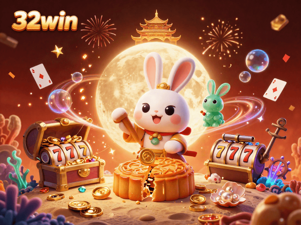 Experience excitement with 32win, where a moon rabbit reveals hidden poker chips amidst slot magic.