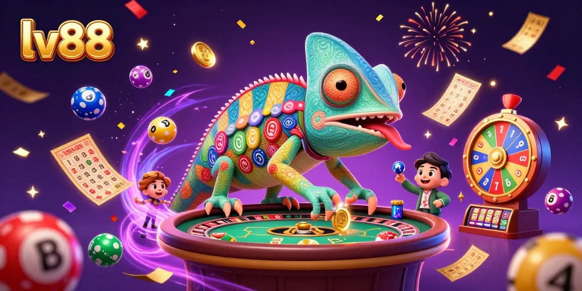 Win prizes at lv88 with exciting lottery balls and a colorful chameleon casino owner!