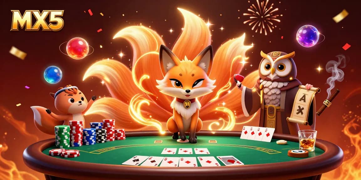 Engage in the excitement of MX5 with a vibrant scene of a nine-tailed fox and wise owl amidst poker elements.