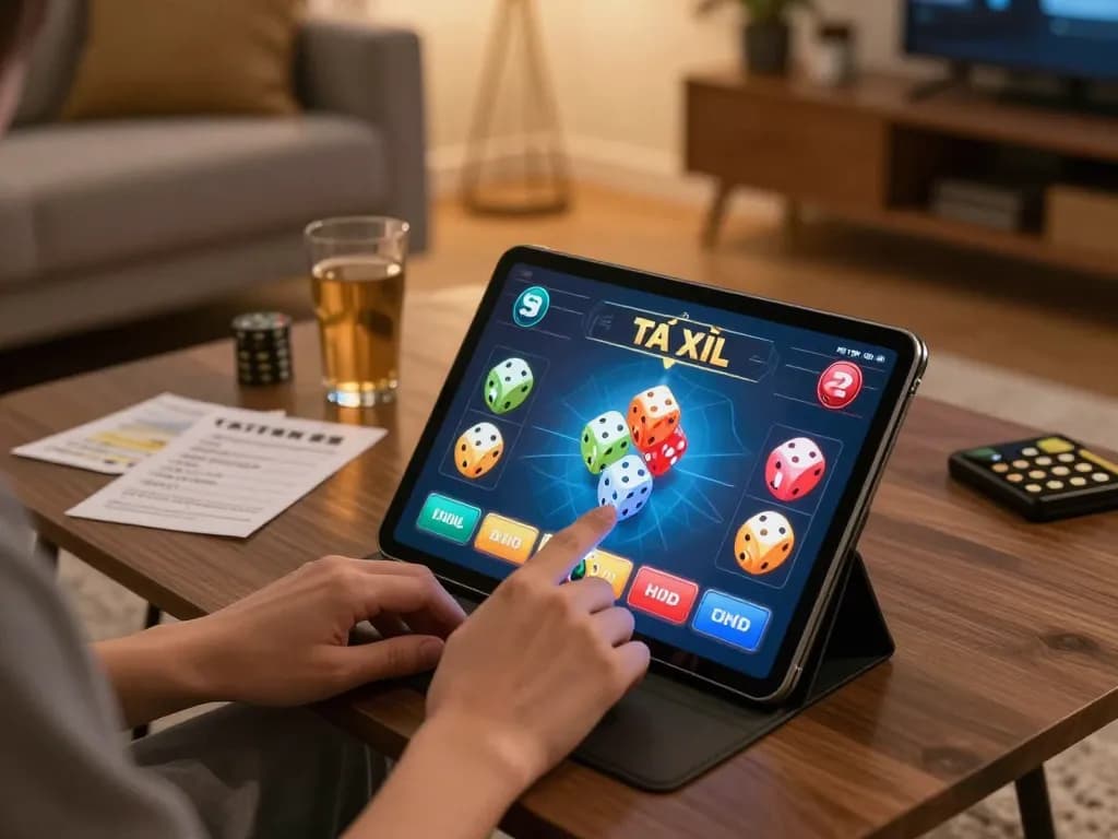 Engaging in tài xỉu online gaming session at home with tablet in a cozy setting.