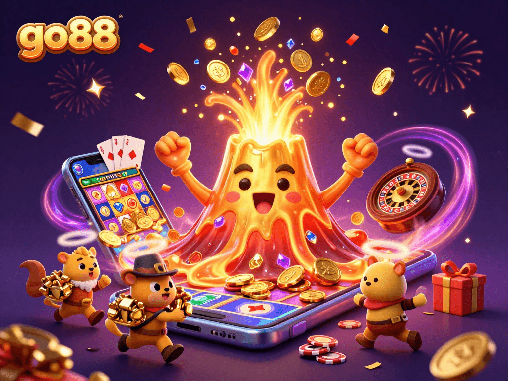 Experience excitement at go88 with a captivating 3D scene of vibrant casino elements.