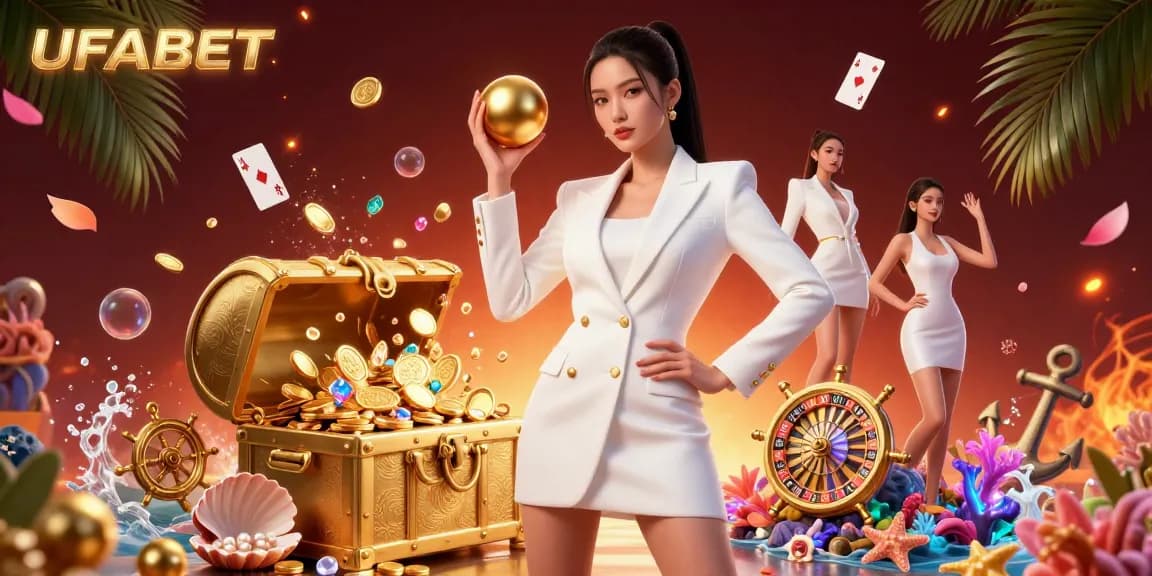 Win big with UFABET in this vibrant 3D casino scene featuring exciting game elements and a striking atmosphere.
