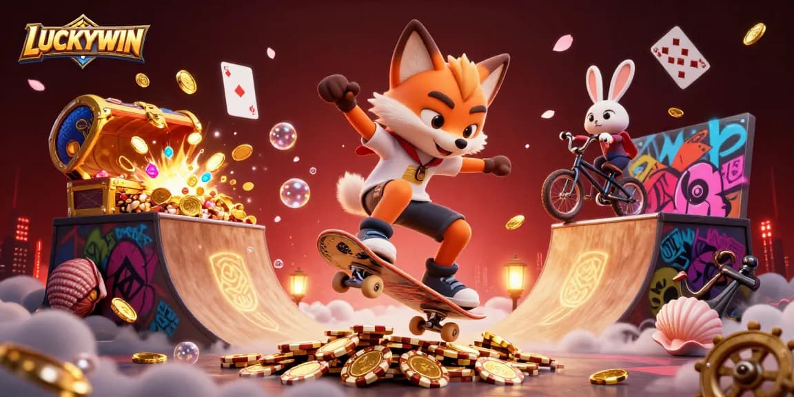 LUCKYWIN showcases a dynamic scene with vibrant casino characters and gaming elements