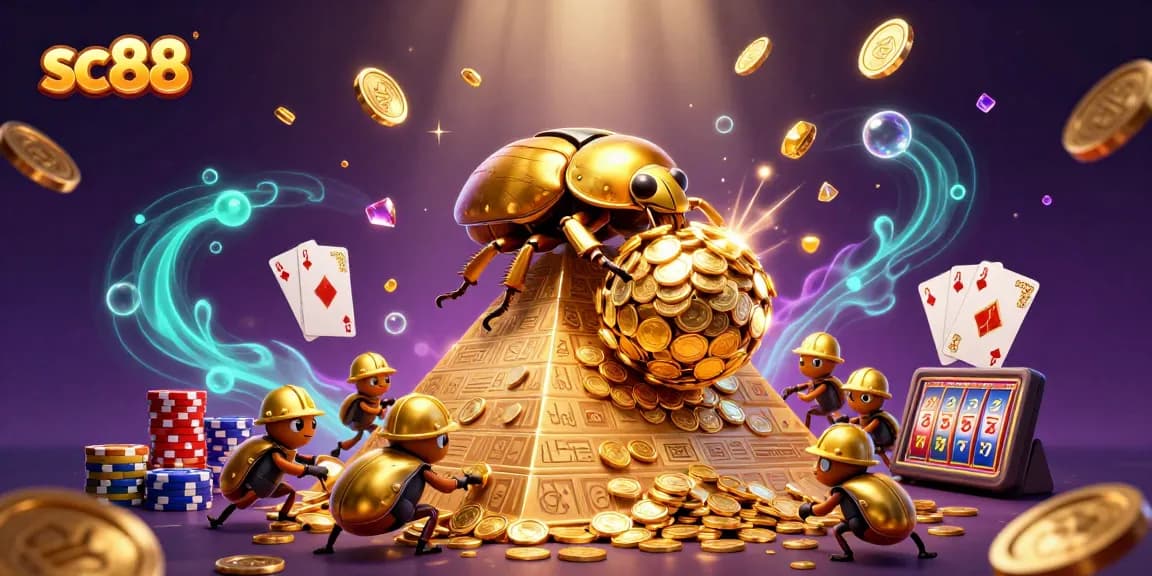 Experience thrilling wins at SC88 with a captivating scene of golden beetles and casino treasures.