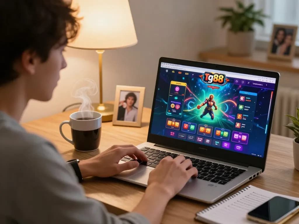 Player enjoying tg88 online casino on a cozy home desk with strategy notes nearby.