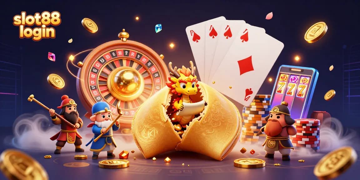 Experience excitement with slot88 login in an energetic casino scene featuring gold and fortune symbols.