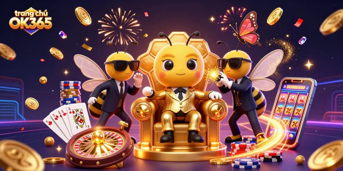 Engage with the excitement of trang chủ OK365 featuring a vibrant casino scene with playful characters.