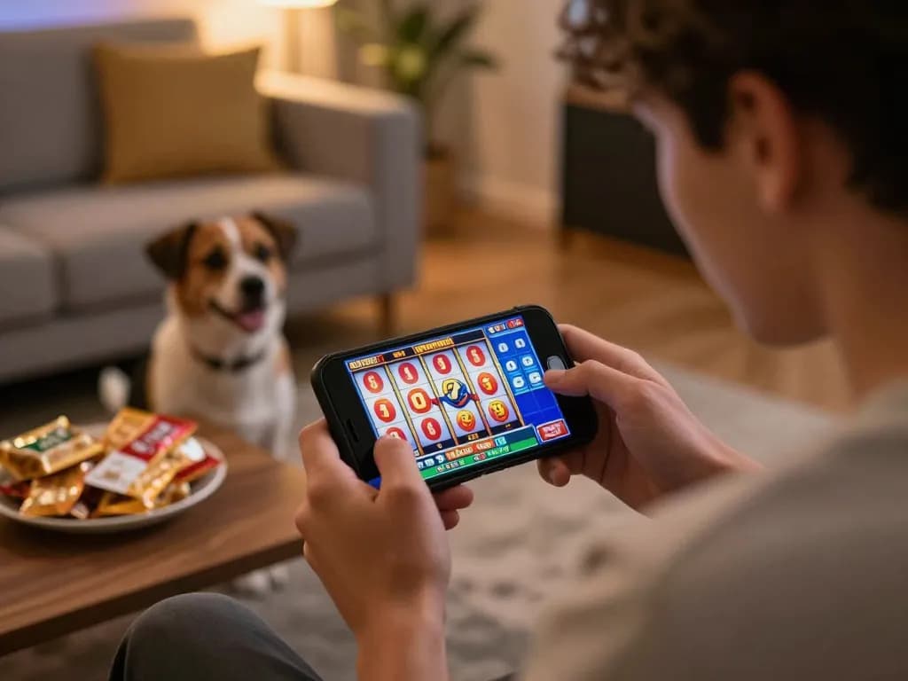 Player enjoying a session on 888slot with smartphone showcasing vibrant slot games in a cozy setting.
