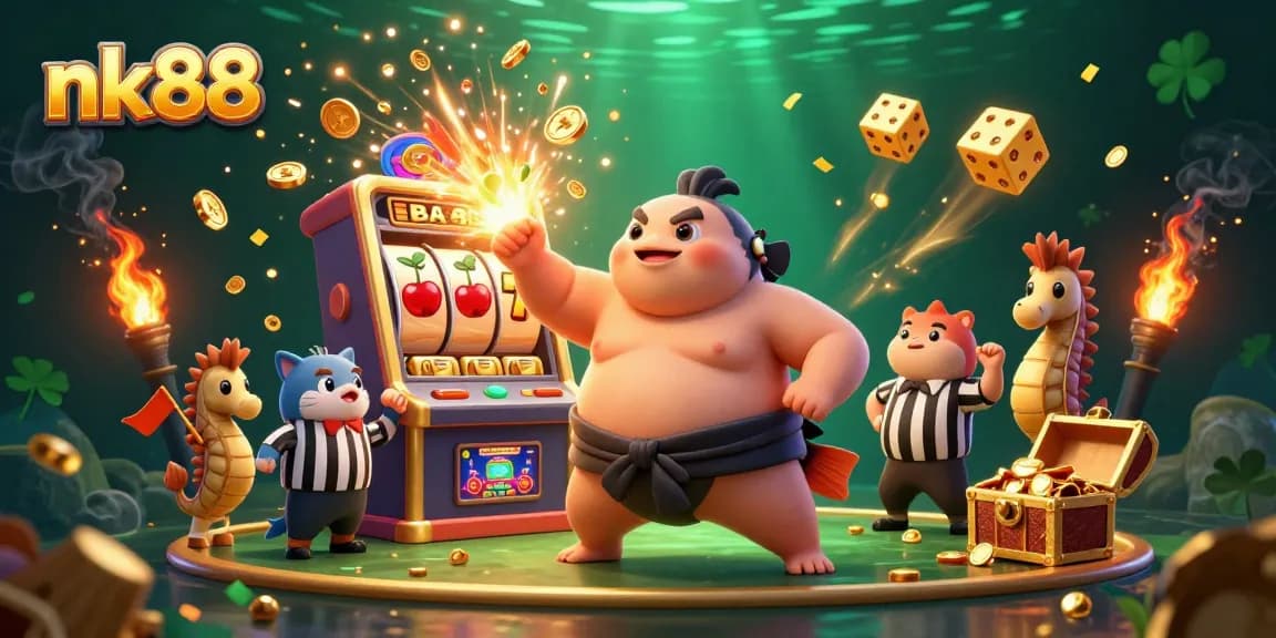 Engage in thrilling gaming with nk88, featuring a dynamic underwater casino scene bursting with joyful elements!