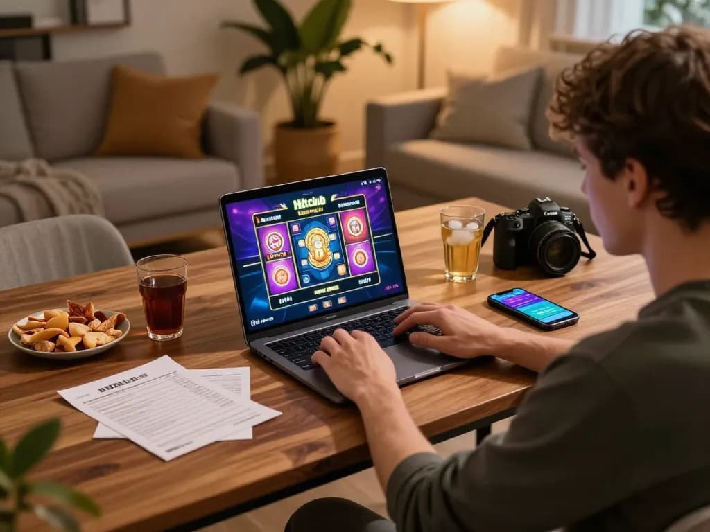Engaging online gaming session at Hitclub with vibrant slot games on screen, showcasing a cozy setup