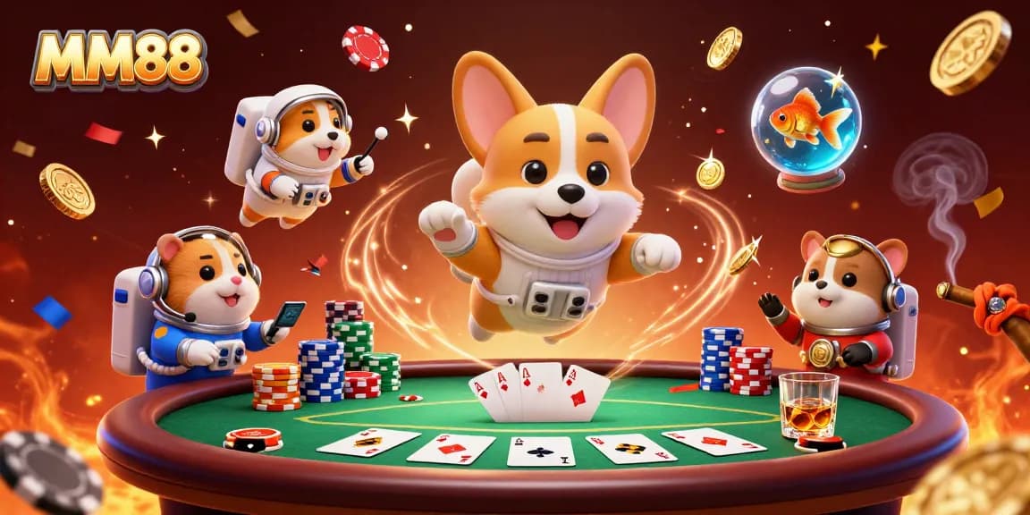 Experience winning moments at MM88 with an astronaut corgi in a dynamic casino scene.