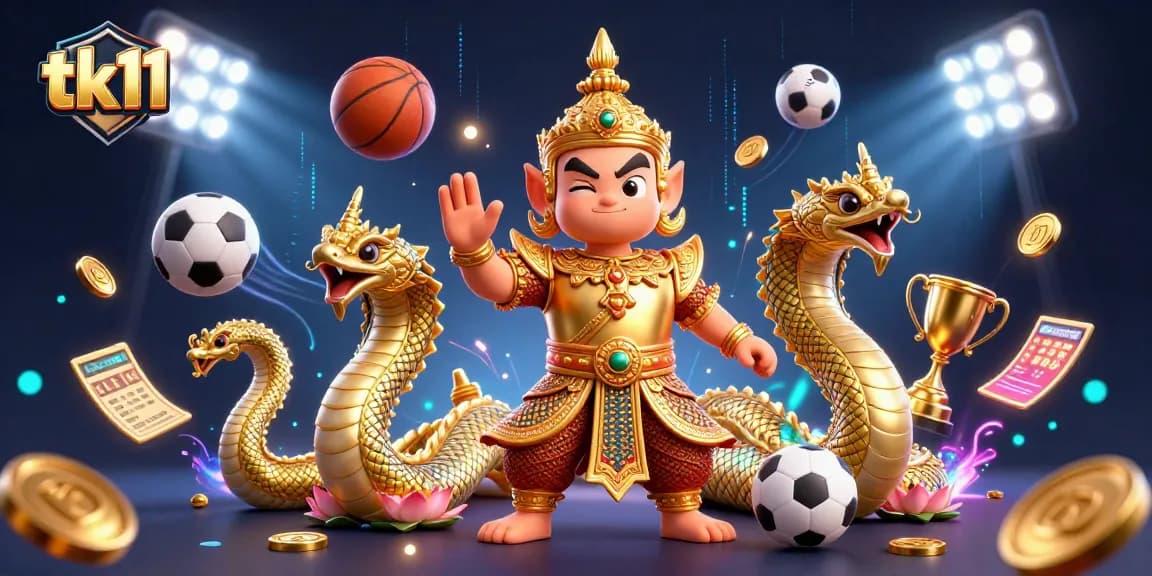 Experience exciting gaming at tk11 with a vibrant 3D digital illustration of engaging characters and sports elements.