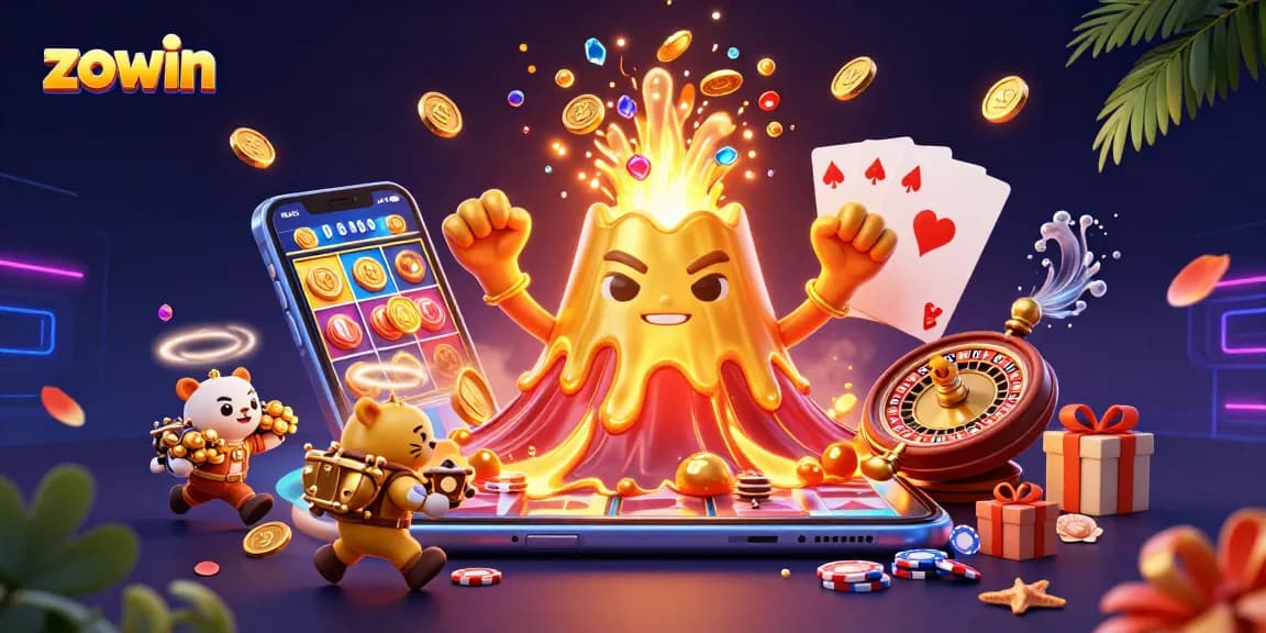 Zowin online casino illustration featuring a golden volcano erupting treasures, symbolizing big wins for players.